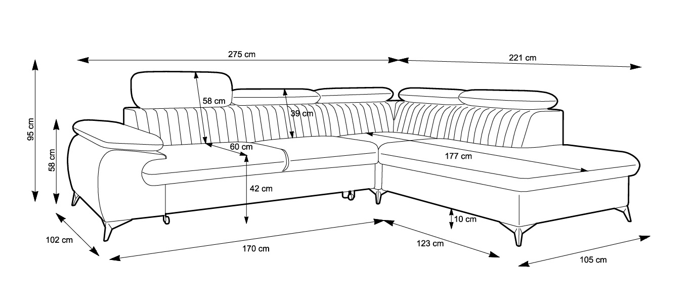BEL Narożnik z funkcją spania, regulowanymi zagłówkami, na czarnych nóżkach - zdjęcie produktu